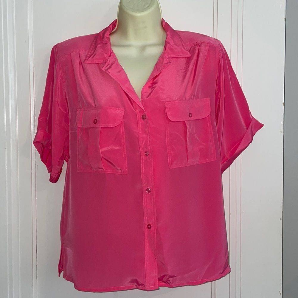 Vtg 80s/90s‎ La Blouse bright pink polyester short sleeve button down shirt